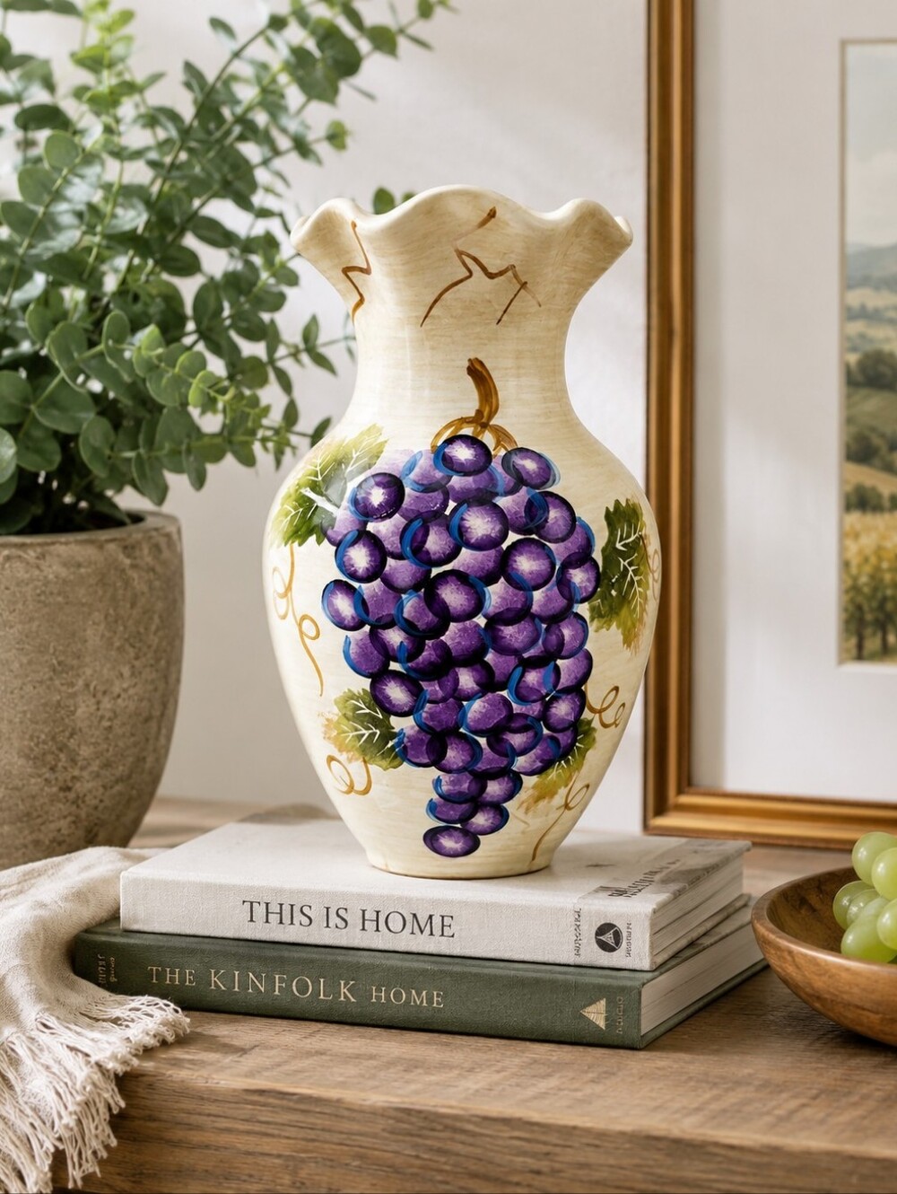 Cabernet Hand-Painted Front & Back Grapes Ceramic Vase